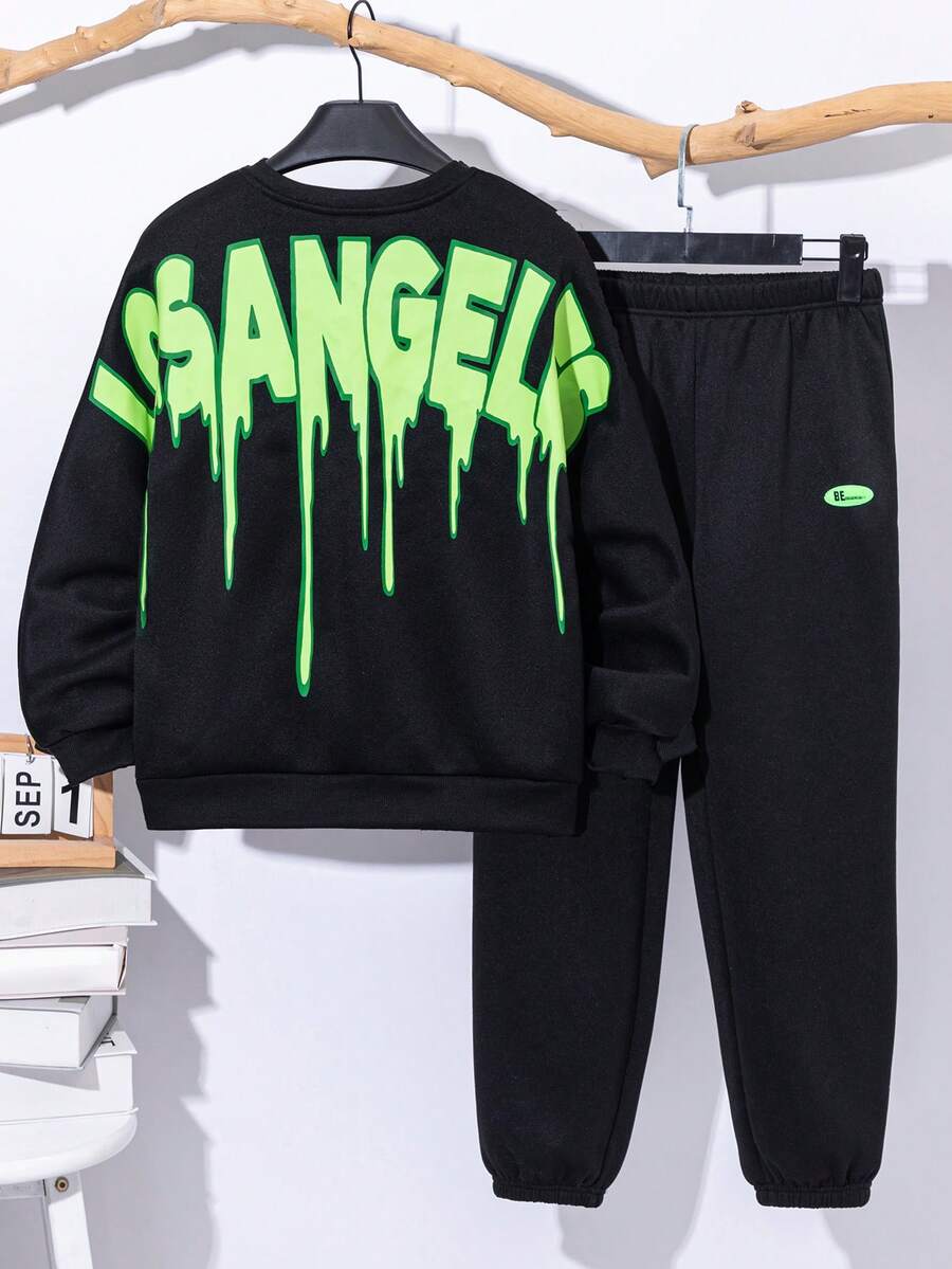 Bộ 2 món/Bộ áo hoodie cổ tròn in chữ Graffiti thường ngày cho bé trai tuổi teen + quần dài rút dây, Bộ đồ dệt kim màu đen, Thích hợp mặc đi học, làm vườn, đi biển, sinh nhật vào mùa xuân, hè, thu, đông - màu đen - Xem 1