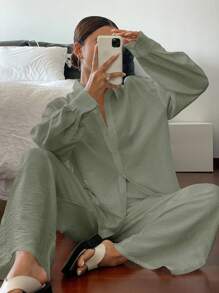 Livesso Ensemble tailleur décontracté et ample à manches longues pour femme, tenue d'été professionnelle - Vert - Voir 3