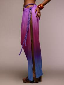 MUSERA 扭绳细节网纱印花开衩长裙，夏季，伊比沙岛，假日，可爱，节日，度假沙滩装，海滩，波西米亚风 - 玫紅色 - 查看 3