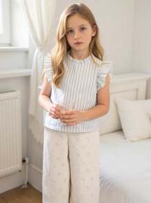 SHEIN 2 piezas Conjunto de niña bebé con top a rayas con volantes retro y pantalones largos con estampado floral calado, conjunto de ropa diaria linda, ropa de verano para niñas pequeñas, conjuntos de ropa para niñas pequeñas, conjuntos de ropa de verano para niñas - Multicolor - Ver 3