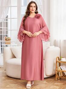 Lacomfia Plus Size Women Plain & Chiffon Patchwork Simple Conservative Casual Dress Fall - Dusty Pink - View 3