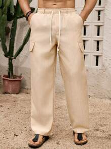 Palmeraft Men's Solid Color Drawstring Waist Straight Leg Loose Casual Pants Men Linen Pants - Khaki - View 6