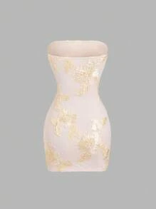 Sweetra Women's Elegant & Delicate Mini Dress In Special Fabric With Mesh Details, Suitable For Spring, Summer, Resort Vacation - Apricot - View 2