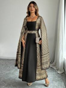 Elenzga Plus Size Square Collar Cape Sleeve Summer Fashion Cinched Waist Retro Elegant Dress Fall Cloth For Women - Multicolor - View 4