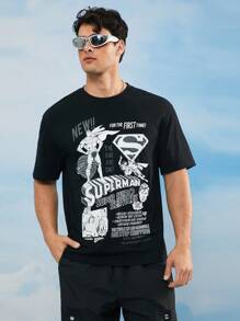 SUPERMAN X SHEIN 男士休闲卡通英雄与字母图案短袖黑色T恤，夏季 - 黑色 - 查看 3