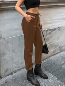 RueChic Solid Drawstring Waist Slant Pocket Jogger Pants - Brown - View 5