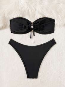 Bonvoyette Bộ đồ bơi nữ mùa hè mới màu trơn sequin bandeau thắt nơ trên đầu đi biển - màu đen - Xem 5