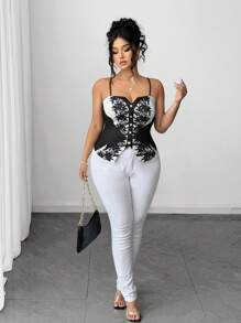 Elenzga 女式加大码短款高腰修身黑白花卉印花吊带背心，优雅适合通勤、约会、派对等场合，春夏季