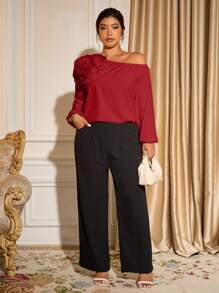 Allurite Women's Elegant Simple Off-Shoulder Long Sleeve 3D Floral Pattern Apricot Blouse, Summer One Shoulder Blouse Burgundy Blouse Red Off Shoulder Top Rose Top Wine Red Top