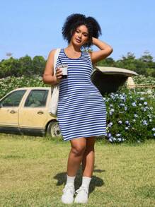 SHEIN EZwear 大码夏季休闲条纹无袖连衣裙 - 寶藍色 - 查看 3