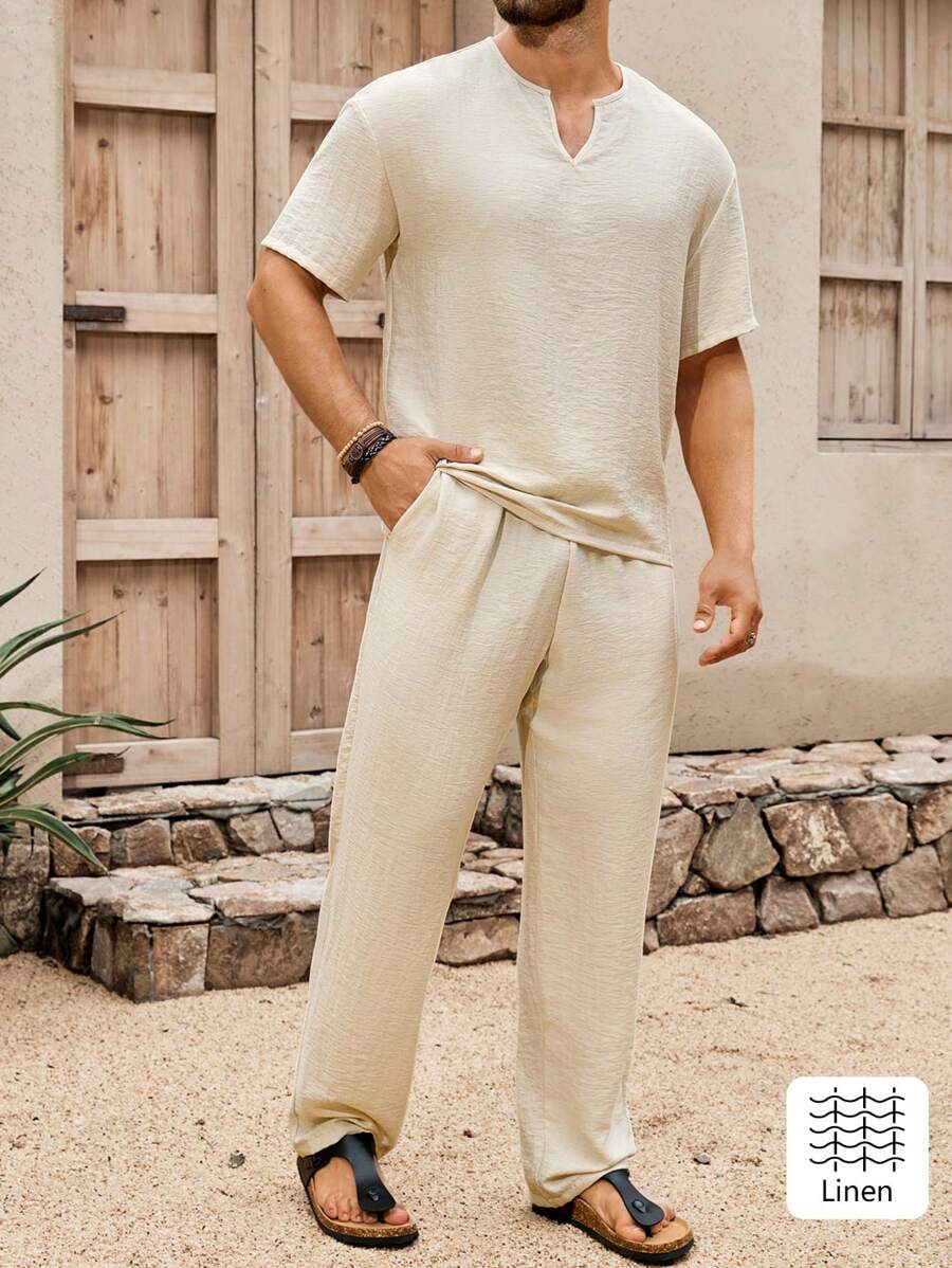 Genlund Conjunto de top de manga corta con cuello en V y pantalones de unicolor minimalista de uso diario para hombres, conjunto de pantalones de lino para hombres, conjunto de ropa de lino para hombres - Albaricoque - Ver 1