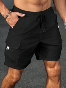 Manfinity Homme Men's Casual Solid Color Drawstring Waist Straight Leg Cargo Shorts - Black - View 4