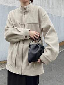 FRIFUL 女士纯色休闲拉链落肩外套宽松外套连衣裙外套韩版休闲外套拉链外套女式大衣 - 杏色 - 查看 3