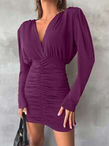 EURMUSE Solid Ruched Bodycon Dress - Burgundy - View 4