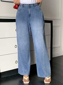 Dazy Plus 及踝长度渐变色水洗渐变半弹性腰部开叉直筒牛仔裤 - 中等水洗藍 - 查看 4