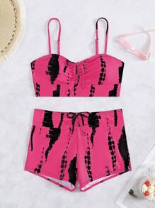 SHEIN Bộ 2 món đồ bơi bikini đi biển họa tiết hồng tươi mới mùa hè in ngẫu nhiên & trang phục đi biển cho nữ - Màu Hồng Tươi - Xem 3