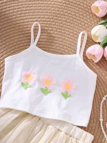 Young Girl 3D Floral Print Top And Solid Color Cake Skirt Shorts Summer Cute Sweet Outfit - White - View 4