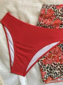 SHEIN 3 件套少女豹纹花卉印花罩衫、迷你裙和比基尼套装 - 紅色 - 查看 4