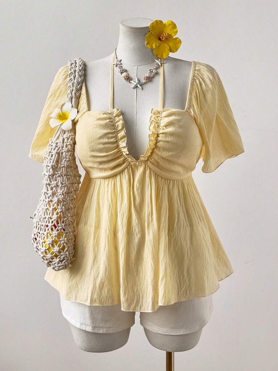 Sweetra Plus New Elegant Sexy Beach Vacation, Textured Deep Shirred Ruffled Strappy Blouse With Puff Sleeves, Waist Cinching, Boho Style Vacation