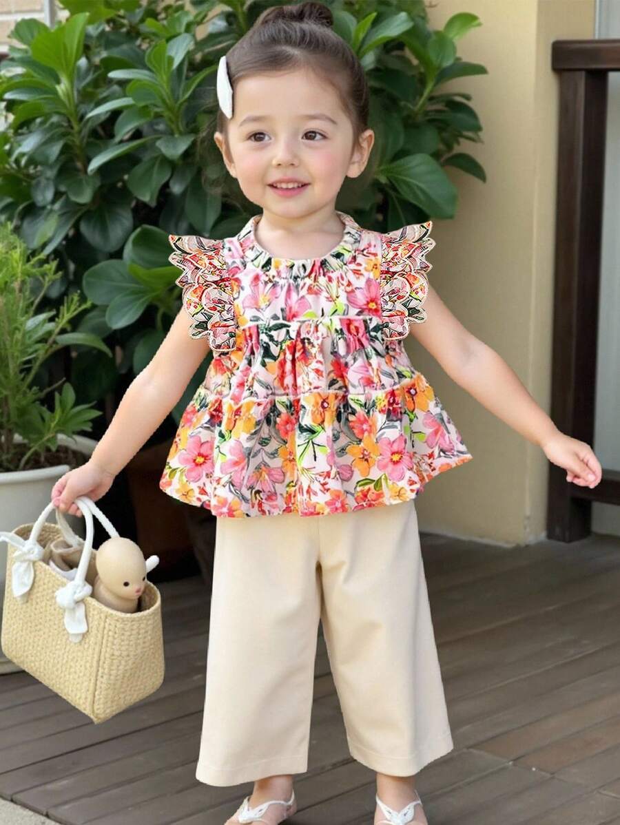 SHEIN 2pcs/Set Baby Girls' Mock Neck Ruffle Floral Print Cap Sleeve Embroidery Zip-Up Shirt & Elastic Waist Pants,Beige Summer Cute Vacation Holiday Outfit - Multicolor - View 1