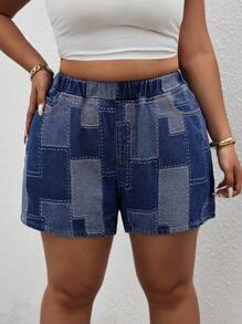 SHEIN SXY Plus Size Women Festival Denim Shorts, No Stretch, Unique Jacquard Weave, Sexy & Modest Autumn Clothes, Baggy Jeans