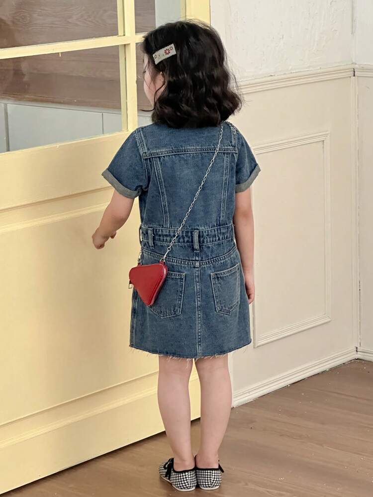 Young Girl' Collared Short Sleeve Denim Dress, Fall
