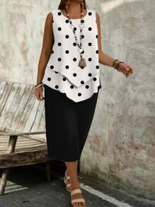 EMERY ROSE 2pcs/Set Women Plus Size Casual Polka Dot Pattern Round Neck Camisole And 3/4 Pants, Summer,Two Piece Set Women - Multicolor - View 3