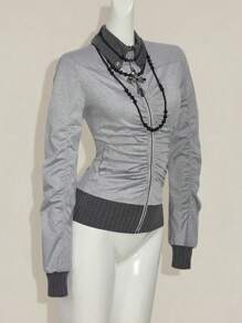 SHEIN ICON Women Ruched High Collar Color Block Raglan Sleeve Casual Jacket Coat - Grey - View 4