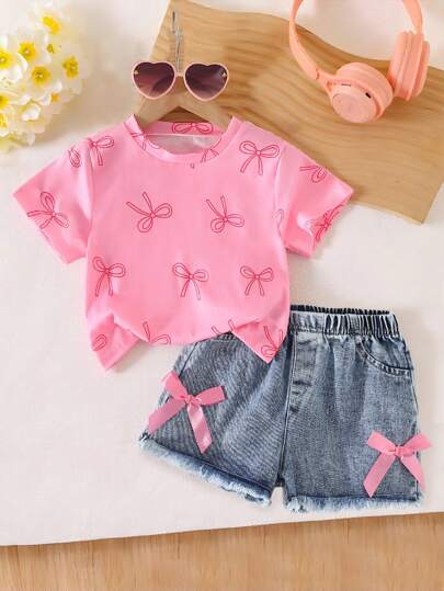 Genkimix Kids Girls Casual Sweet Round Neck Butterfly Print Short Sleeve Tee And Elastic Waist Butterfly Denim Shorts Set