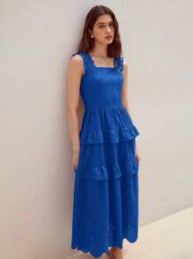 MOTF STUDIO 孔眼刺绣方领荷叶边多层连衣裙 - 藍色 - 查看 4