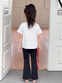 Young Girl Summer New Casual Set Bow Print Short Sleeve T-Shirt + Slim Fit Flare Leg Opening Long Pants, 2pcs - White - View 2