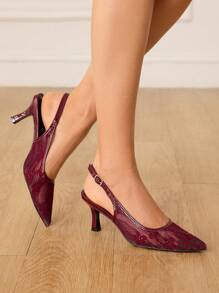 CUCCOO HITCHD 女士刺绣蕾丝尖头猫跟中跟优雅浪漫酒红色网纱蕾丝高跟凉鞋，伴娘礼服鞋，婚礼、派对、万圣节 - 酒紅色 - 查看 2