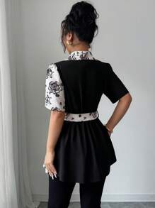 Elenzga 女式不对称撞色印花束腰衬衫 - 彩色 - 查看 2