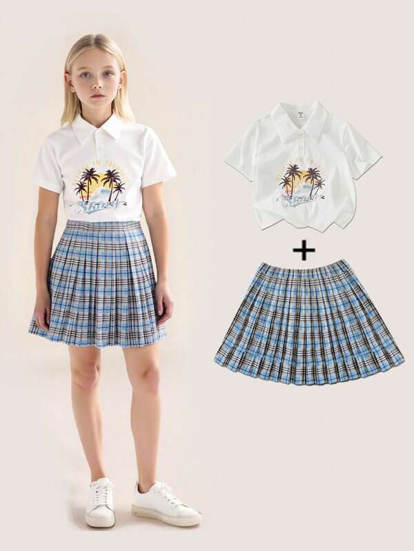 SHEIN Set de 2 piezas para niñas para volver al colegio: Blusa de manga corta con cuello y logo estampado + Falda de cintura con estampado de cuadros, adecuado para la escuela, deportes y uso diario en la temporada 2025.