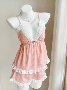 Comfortcana Bộ 2 chiếc áo yếm và quần short thêu viền bèo nhún thường ngày cho kỳ nghỉ hè của phụ nữ - Màu Cam cháy - Xem 5
