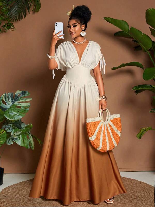 Calvaya Women Elegant Romantic Ombre Print Tie Bow V-Neck A-Line Maxi Dress, Versatile Design For Outings, Beach, Music Festivals, Wedding Guest Graduation Outfit Business Casual Boho Drawstring Bow Tie Elastic Waist Vacation Travel Spring/Summer/Autumn A-Line Maxi Dress