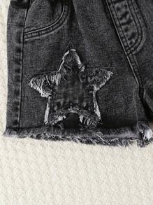 Quần short denim xanh nhạt cổ điển Y2K cho bé gái tuổi teen thêu hình ngôi sao năm cánh, dáng rộng, vải mềm mại và thoải mái, thời trang đường phố và đa năng - Xám - Xem 7