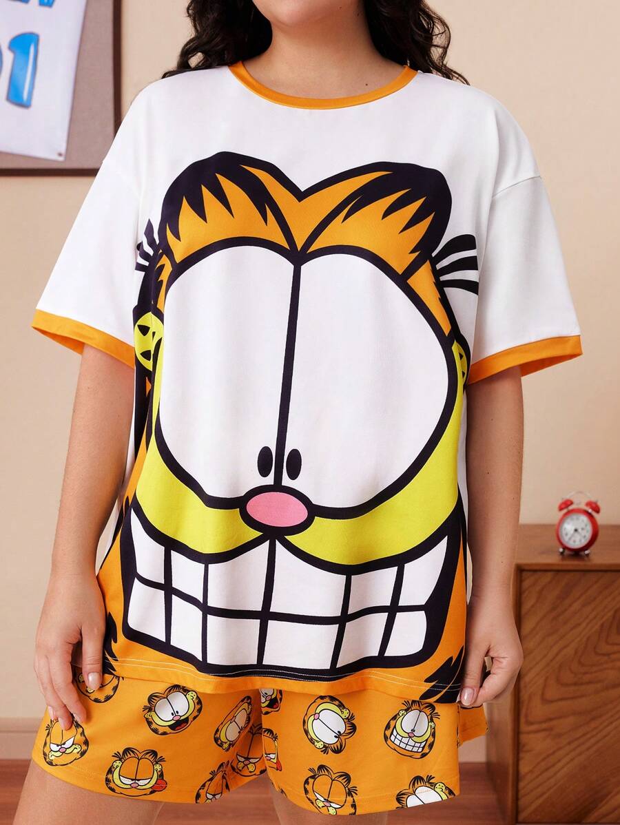 GARFIELD | SHEIN Bộ đồ ngủ tay ngắn in họa tiết hoạt hình cỡ lớn và quần short - Nhiều màu - Xem 1