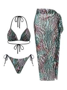 Bonvoyette 3pcs/Set New Random Leopard Print & Solid Color Halter Sexy Elegant Swimsuit & Long Mesh Beach Dress Swimwear For Women For Summer Beach Vacation - Multicolor - View 5