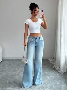 Elenzga Quần Jeans Denim Đơn Giản Thường Ngày Màu Sáng Cho Nữ - Màu xanh lam - Xem 5