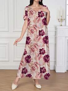 Al Najma 女式优雅花卉印花阿拉伯风格连衣裙 - 紅色 - 查看 7