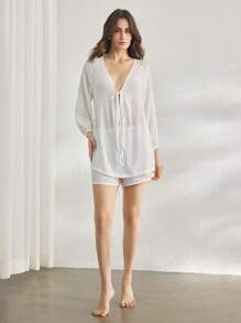 Ocili 休闲女士休闲柔软纯色插肩袖上衣和短裤睡衣套装 - 白色 - 查看 3