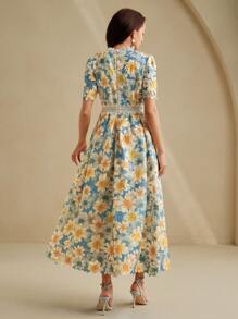 Anewsta فستان مزخرف بنقوش الأزهار مع إضافات دانتيل وتصميم مشدود للخصر، أنيق وقابل للتنوع التصاميم