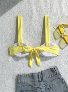 Swim Mod 1 件女士时尚性感蝴蝶结后背吊带纯色泳衣黄色比基尼上衣