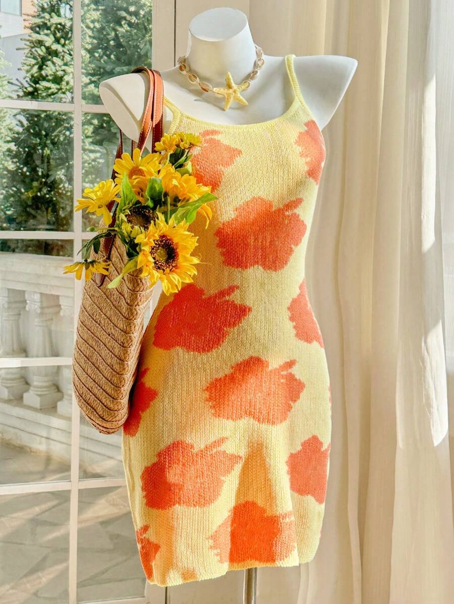 Skyraze Women's Floral Pattern Yellow Sleeveless Knit Dress - Yellow - View 1