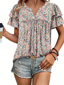 INAWLY Women Summer Ditsy Floral V-Neck Ruffle Short Sleeve T-Shirt - Multicolor - View 1
