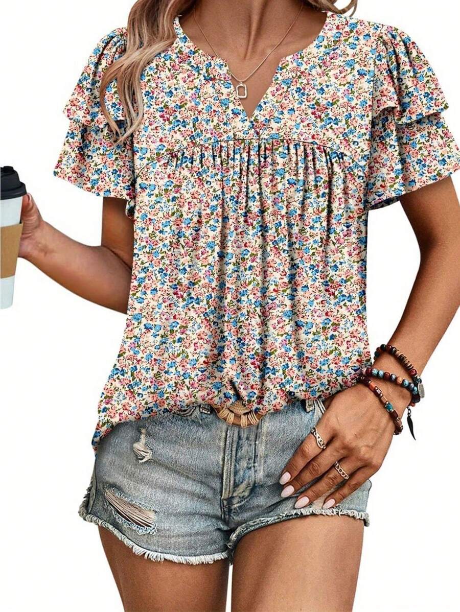 INAWLY Women Summer Ditsy Floral V-Neck Ruffle Short Sleeve T-Shirt - Multicolor - View 1