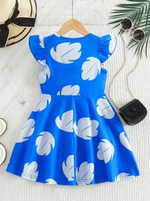 Vestido infantil feminino com estampa floral, gola redonda e mangas esvoaçantes, perfeito para a volta às aulas. - Azul - Ver 2