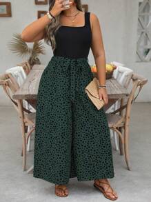 EMERY ROSE Mono de pernera ancha con cinturón y estampado dálmata - Verde - Ver 1