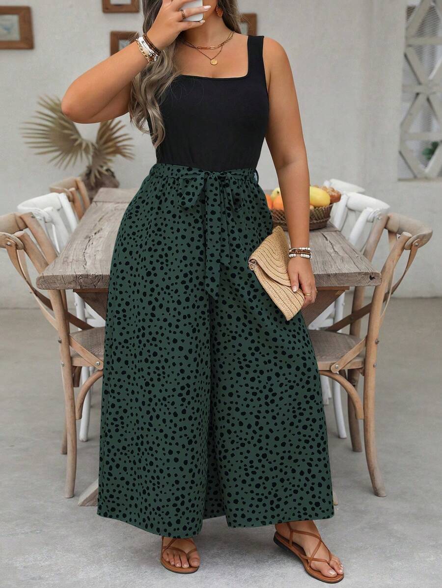 EMERY ROSE Mono de pernera ancha con cinturón y estampado dálmata - Verde - Ver 1